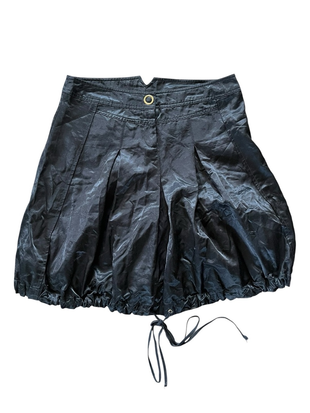 Y2K Vintage Black Satin Mini Skirt Drawstring Bubble Hem Avant Garde Goth